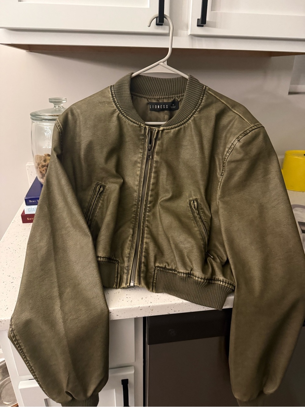 Lioness Olive Cropped Faux-Leather Bomber Jacket